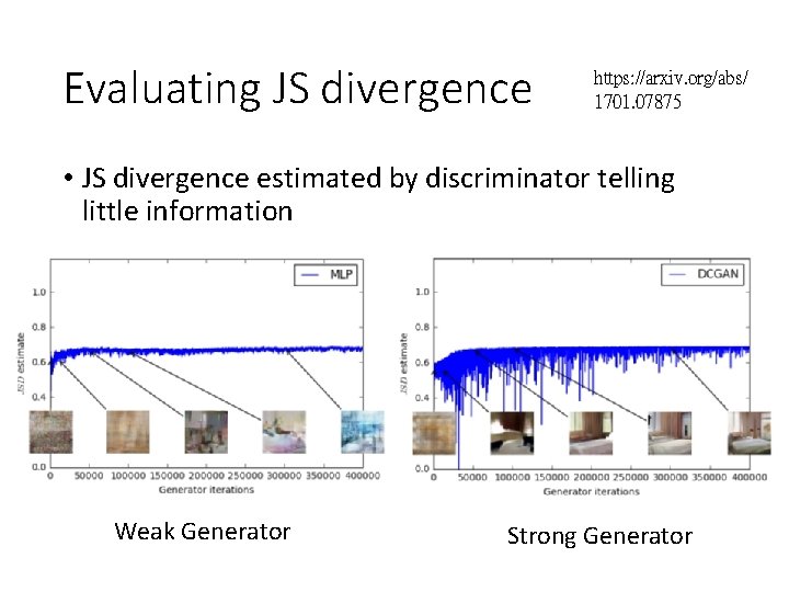 Evaluating JS divergence https: //arxiv. org/abs/ 1701. 07875 • JS divergence estimated by discriminator