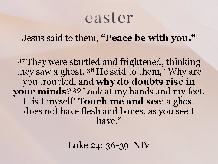 Jesus said to them, “Peace be with you. ” 37 They were startled and