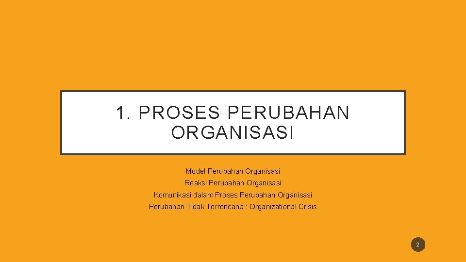 1. PROSES PERUBAHAN ORGANISASI Model Perubahan Organisasi Reaksi Perubahan Organisasi Komunikasi dalam Proses Perubahan