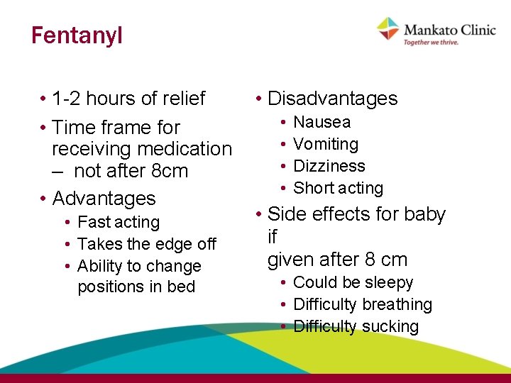 Fentanyl • 1 -2 hours of relief • Time frame for receiving medication –