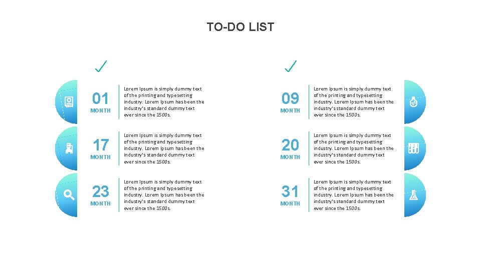 TO-DO LIST 01 MONTH 17 MONTH 23 MONTH Lorem Ipsum is simply dummy text