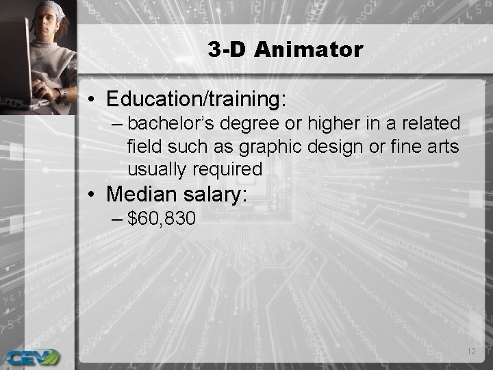 3 -D Animator • Education/training: – bachelor’s degree or higher in a related field