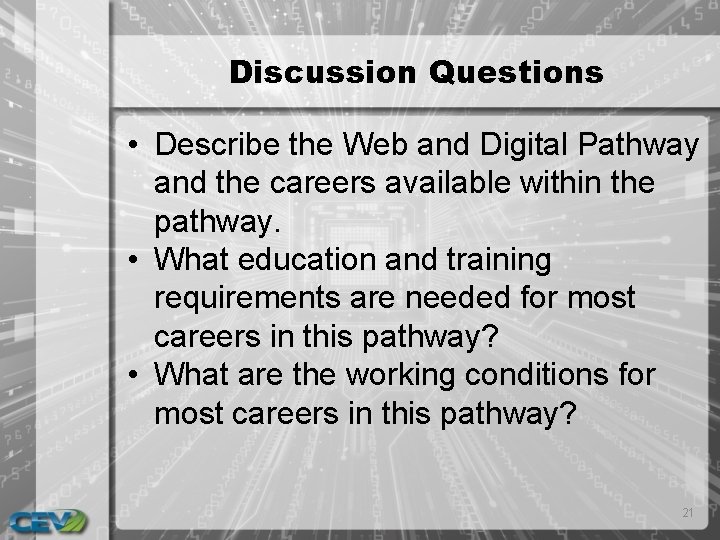 Discussion Questions • Describe the Web and Digital Pathway and the careers available within