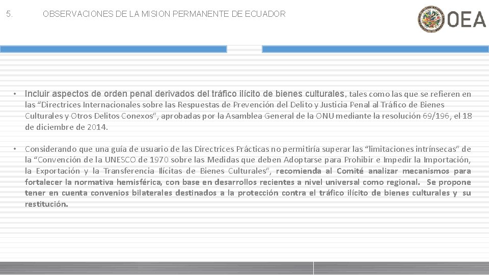 5. OBSERVACIONES DE LA MISION PERMANENTE DE ECUADOR • Incluir aspectos de orden penal