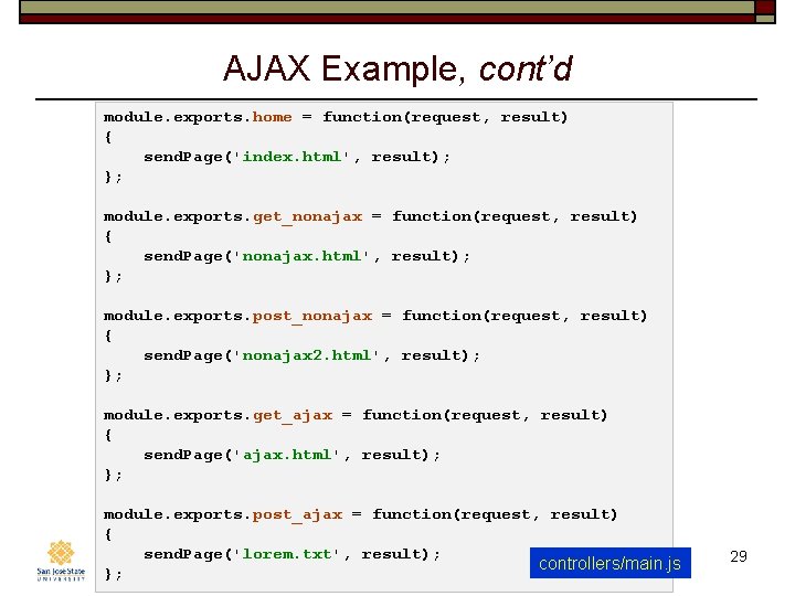 AJAX Example, cont’d module. exports. home = function(request, result) { send. Page('index. html', result);