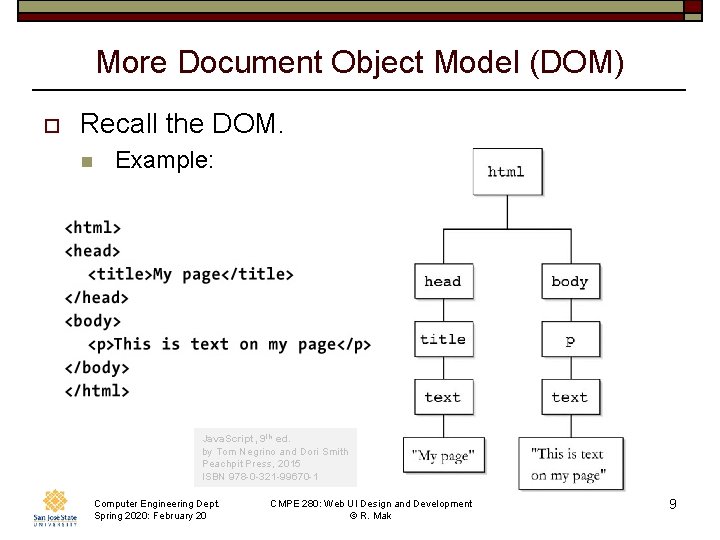 More Document Object Model (DOM) o Recall the DOM. n Example: Java. Script, 9