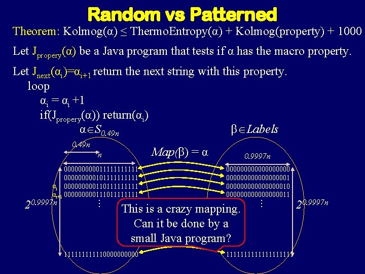 Random vs Patterned Theorem: Kolmog(α) ≤ Thermo. Entropy(α) + Kolmog(property) + 1000 Let Jpropery(α) Random vs Patterned Theorem: Kolmog(α) ≤ Thermo. Entropy(α) + Kolmog(property) + 1000 Let Jpropery(α)