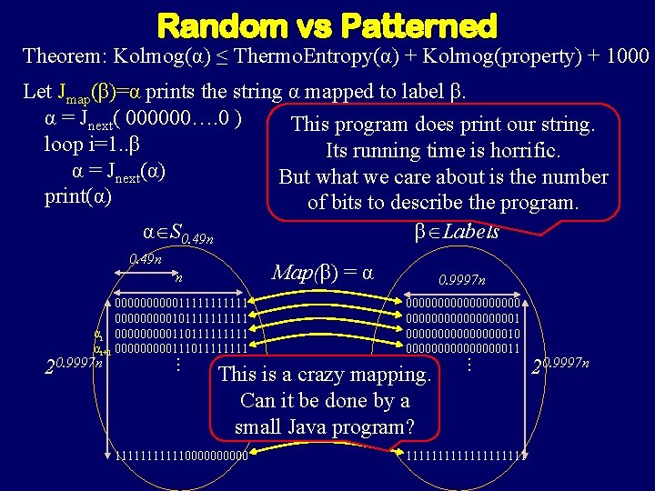 Random vs Patterned Theorem: Kolmog(α) ≤ Thermo. Entropy(α) + Kolmog(property) + 1000 Let Jmap(β)=α Random vs Patterned Theorem: Kolmog(α) ≤ Thermo. Entropy(α) + Kolmog(property) + 1000 Let Jmap(β)=α