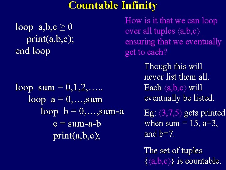 Countable Infinity loop a, b, c ≥ 0 print(a, b, c); end loop sum Countable Infinity loop a, b, c ≥ 0 print(a, b, c); end loop sum