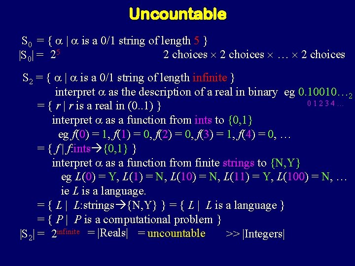 Uncountable S 0 = { | is a 0/1 string of length 5 } Uncountable S 0 = { | is a 0/1 string of length 5 }