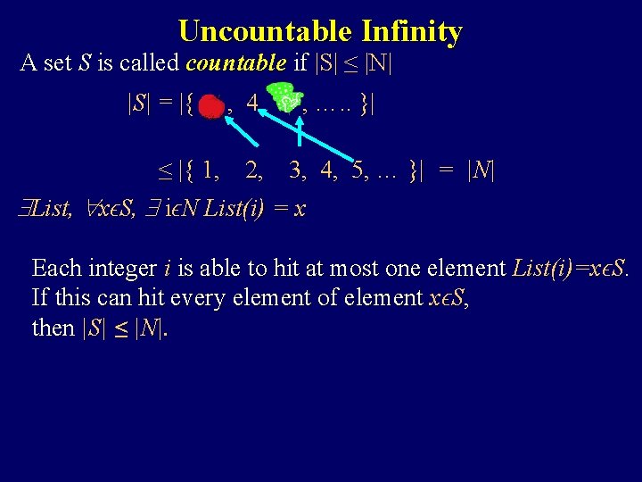 Uncountable Infinity A set S is called countable if |S| ≤ |N| |S| = Uncountable Infinity A set S is called countable if |S| ≤ |N| |S| =