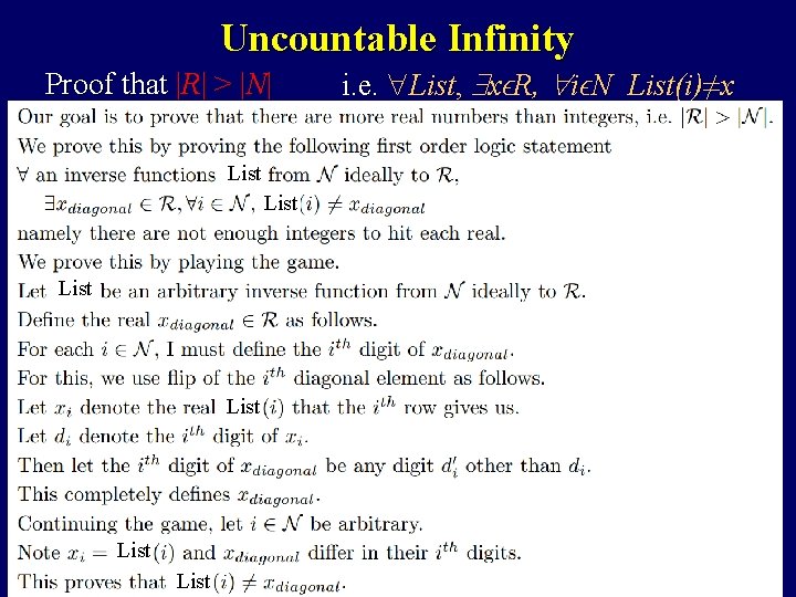 Uncountable Infinity Proof that |R| > |N| List List i. e. List, xϵR, iϵN Uncountable Infinity Proof that |R| > |N| List List i. e. List, xϵR, iϵN