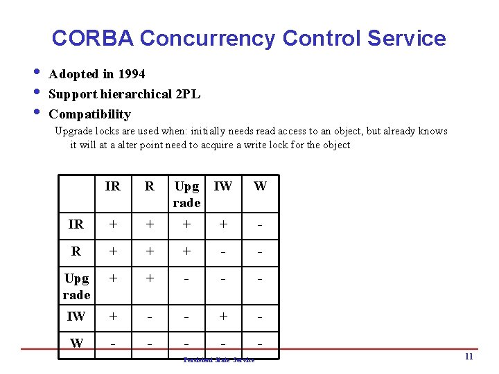 CORBA Concurrency Control Service i Adopted in 1994 i Support hierarchical 2 PL i