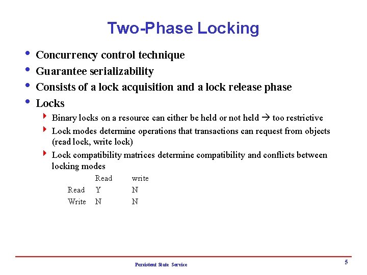Two-Phase Locking i Concurrency control technique i Guarantee serializability i Consists of a lock
