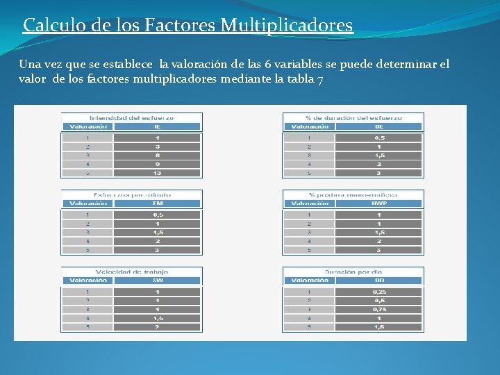 Calculo de los Factores Multiplicadores Una vez que se establece la valoración de las