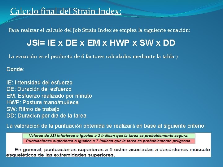 Calculo final del Strain Index: Para realizar el calculo del Job Strain Index se