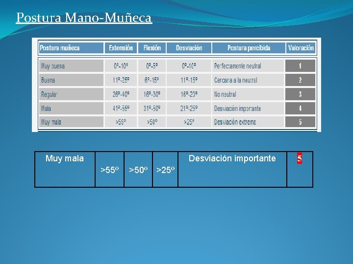 Postura Mano-Muñeca Muy mala Desviación importante >55º >50º >25º 5 
