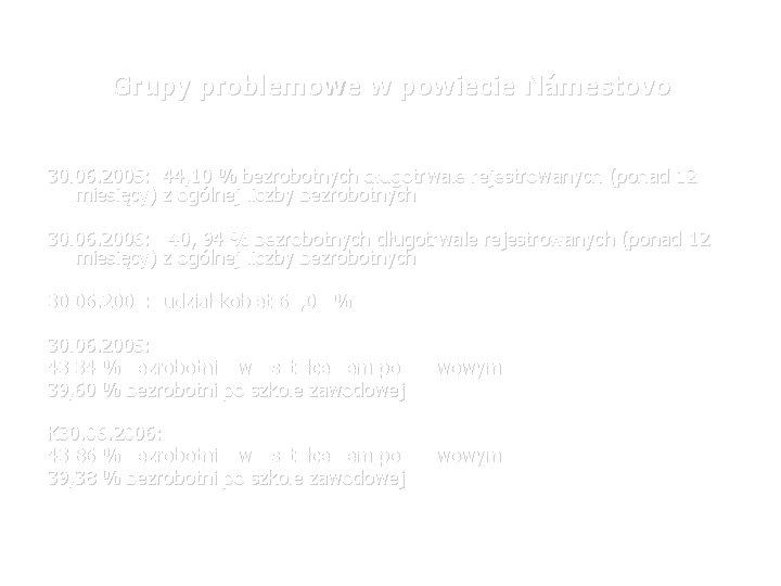 Grupy problemowe w powiecie Námestovo 30. 06. 2005: 44, 10 % bezrobotnych długotrwale rejestrowanych