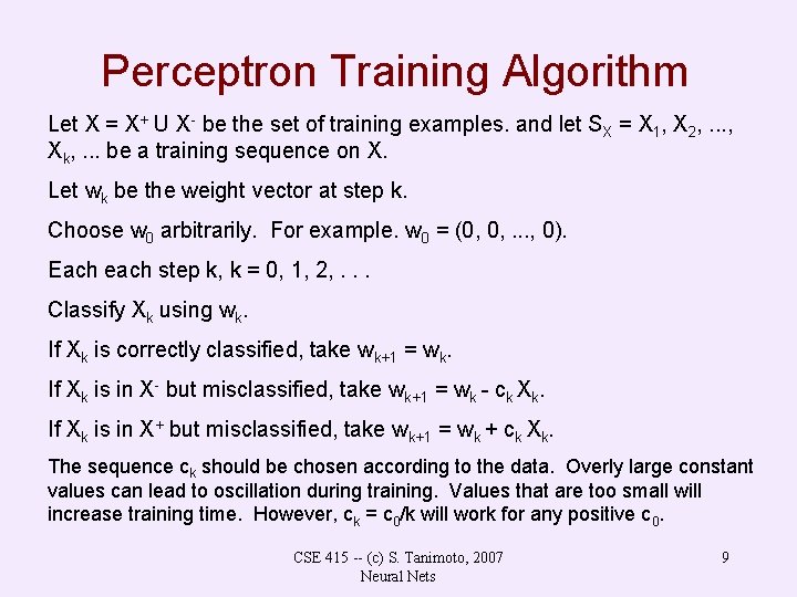 Perceptron Training Algorithm Let X = X+ U X- be the set of training