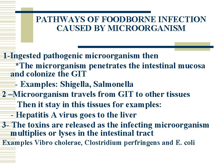 PATHWAYS OF FOODBORNE INFECTION CAUSED BY MICROORGANISM 1 -Ingested pathogenic microorganism then *The microrganism