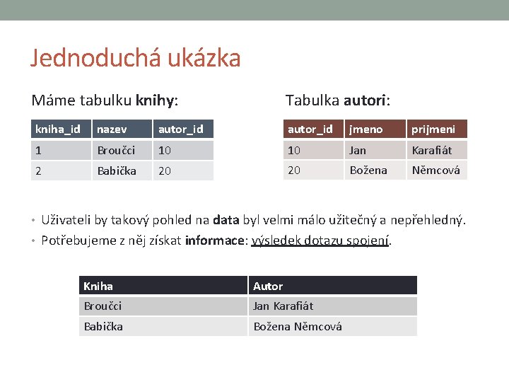 Jednoduchá ukázka Máme tabulku knihy: Tabulka autori: kniha_id nazev autor_id jmeno prijmeni 1 Broučci