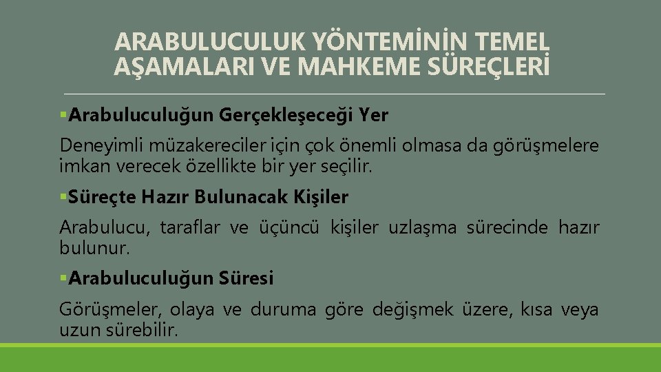 ARABULUCULUK YÖNTEMİNİN TEMEL AŞAMALARI VE MAHKEME SÜREÇLERİ §Arabuluculuğun Gerçekleşeceği Yer Deneyimli müzakereciler için çok