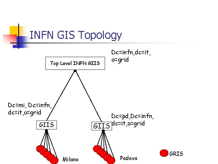INFN GIS Topology Top Level INFN GIIS Dc=mi, Dc=infn, dc=it, o=grid Dc=pd, Dc=infn, GIIS