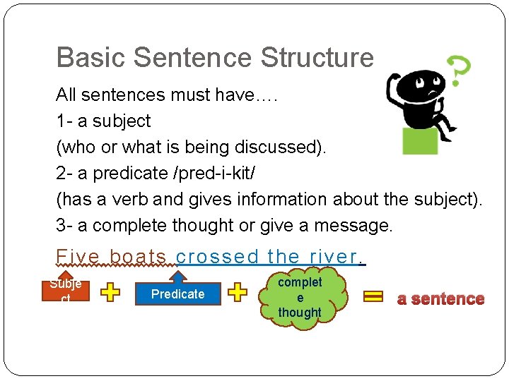 Basic Sentence Structure All sentences must have…. 1 - a subject (who or what