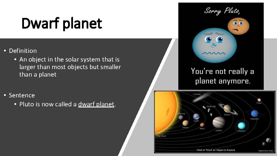 Dwarf planet • Definition • An object in the solar system that is larger