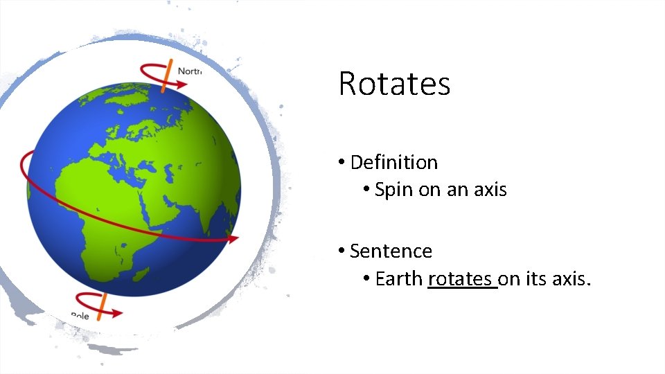 Rotates • Definition • Spin on an axis • Sentence • Earth rotates on