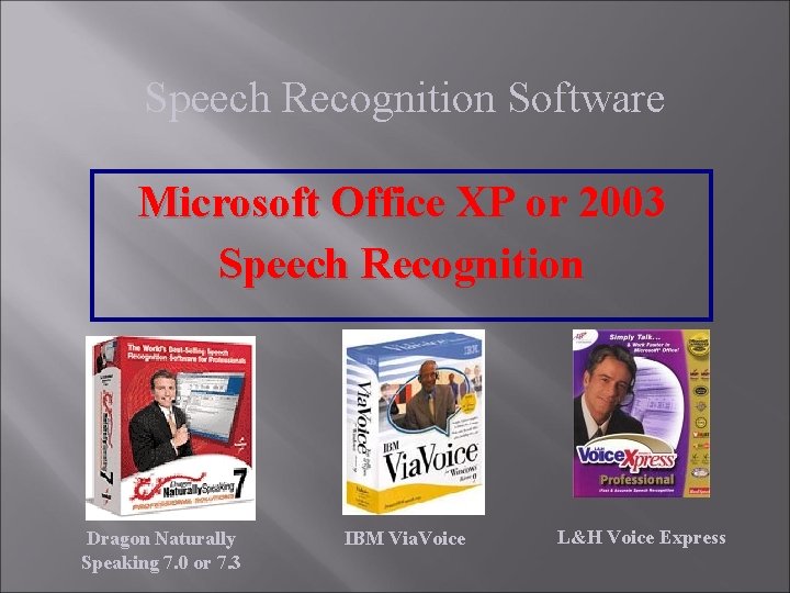 Speech Recognition Software Microsoft Office XP or 2003 Speech Recognition Dragon Naturally Speaking 7. Speech Recognition Software Microsoft Office XP or 2003 Speech Recognition Dragon Naturally Speaking 7.