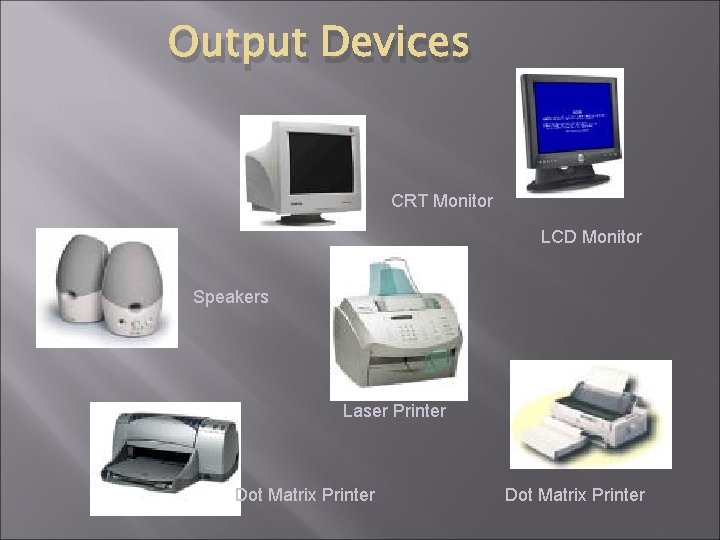 Output Devices CRT Monitor LCD Monitor Speakers Laser Printer Dot Matrix Printer Output Devices CRT Monitor LCD Monitor Speakers Laser Printer Dot Matrix Printer