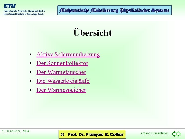 Übersicht • • • 8. Dezember, 2004 Aktive Solarraumheizung Der Sonnenkollektor Der Wärmetauscher Die