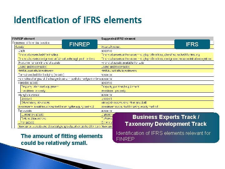 Identification of IFRS elements FINREP IFRS Business Experts Track / Taxonomy Development Track The