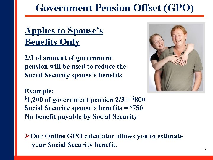 Government Pension Offset (GPO) Applies to Spouse’s Benefits Only 2/3 of amount of government