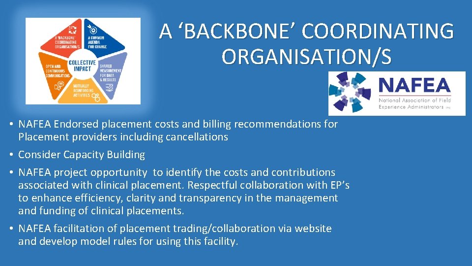 A ‘BACKBONE’ COORDINATING ORGANISATION/S • NAFEA Endorsed placement costs and billing recommendations for Placement