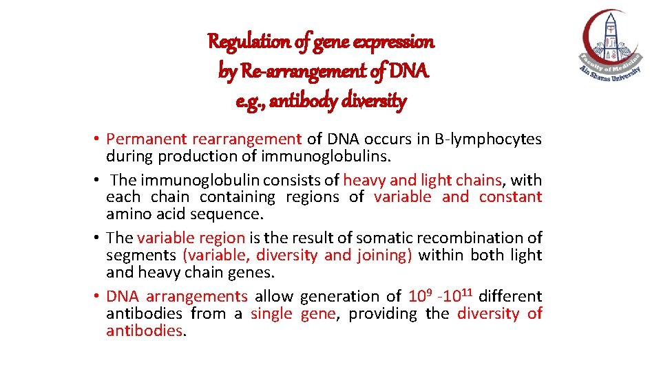 Regulation of gene expression by Re-arrangement of DNA e. g. , antibody diversity •