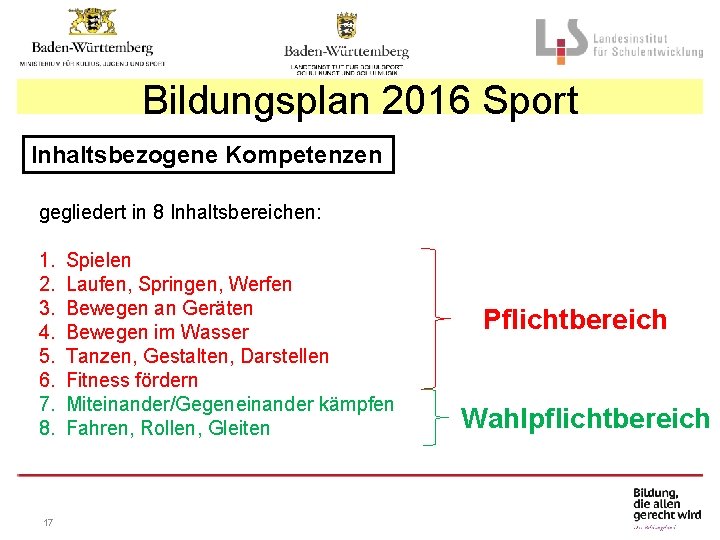 Bildungsplan 2016 Sport Inhaltsbezogene Kompetenzen gegliedert in 8 Inhaltsbereichen: 1. 2. 3. 4. 5.