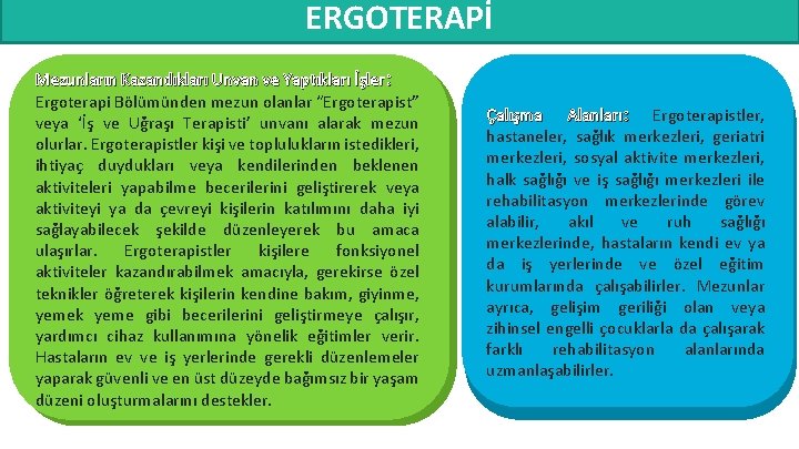 ERGOTERAPİ Mezunların Kazandıkları Unvan ve Yaptıkları İşler: Ergoterapi Bölümünden mezun olanlar “Ergoterapist” veya ‘İş