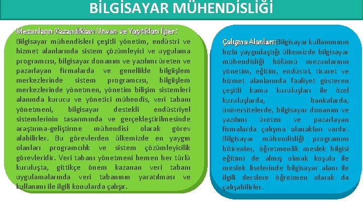 BİLGİSAYAR MÜHENDİSLİĞİ Mezunların Kazandıkları Unvan ve Yaptıkları İşler: Bilgisayar mühendisleri çeşitli yönetim, endüstri ve