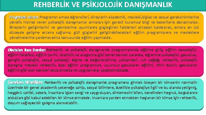 REHBERLİK VE PSİKJOLOJİK DANIŞMANLIK Programın Amacı: Programın amacı öğrencileri, bireylerin akademik, mesleki, kişisel ve