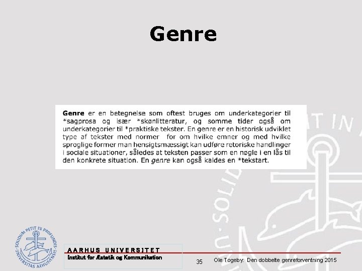 Genre AARHUS UNIVERSITET Institut for Æstetik og Kommunikation 35 Ole Togeby: Den dobbelte genreforventning