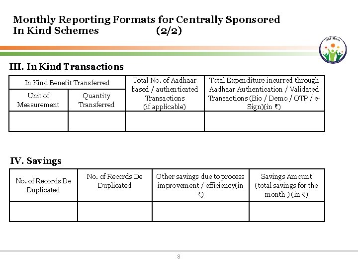 Monthly Reporting Formats for Centrally Sponsored In Kind Schemes (2/2) III. In Kind Transactions