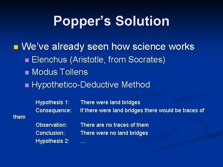 Popper’s Solution n We’ve already seen how science works Elenchus (Aristotle, from Socrates) n