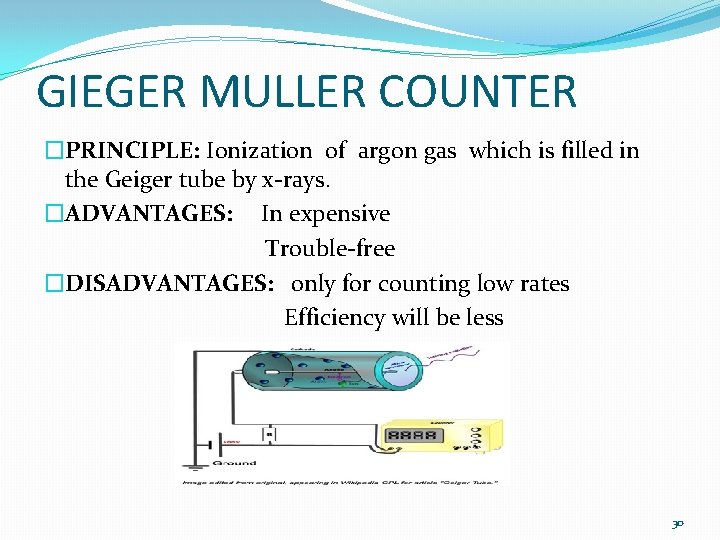 GIEGER MULLER COUNTER �PRINCIPLE: Ionization of argon gas which is filled in the Geiger