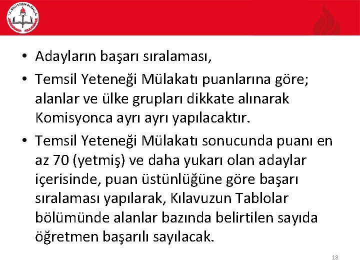  • Adayların başarı sıralaması, • Temsil Yeteneği Mülakatı puanlarına göre; alanlar ve ülke