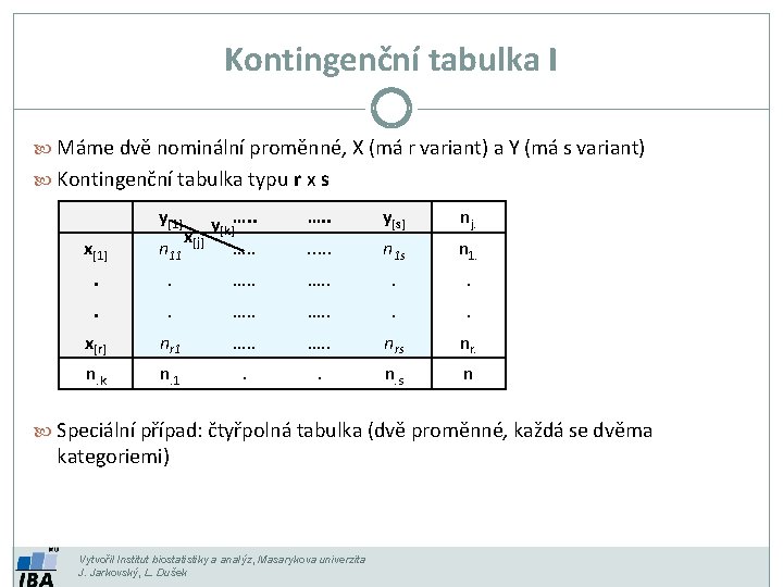Kontingenční tabulka I Máme dvě nominální proměnné, X (má r variant) a Y (má Kontingenční tabulka I Máme dvě nominální proměnné, X (má r variant) a Y (má