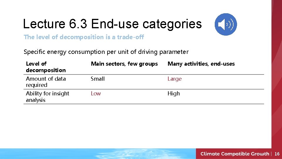 Lecture 6. 3 End-use categories The level of decomposition is a trade-off Specific energy