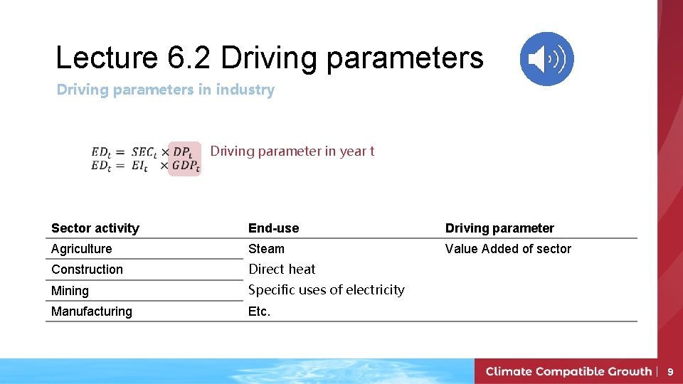Lecture 6. 2 Driving parameters in industry Driving parameter in year t Sector activity