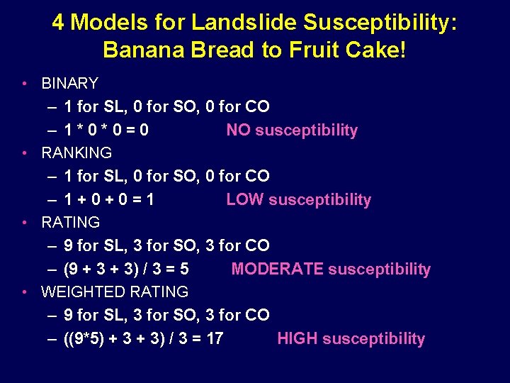 4 Models for Landslide Susceptibility: Banana Bread to Fruit Cake! • BINARY – 1